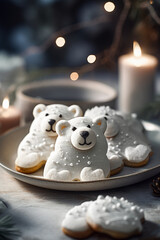 Fototapeta na wymiar Adorable Polar Bear Cookies on a plate. Winter-themed kids treat or holiday party dessert.