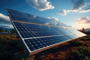 Solar panel with sunlight and blue sky background, symbolizing clean and renewable energy in nature. Generative Ai, Ai.