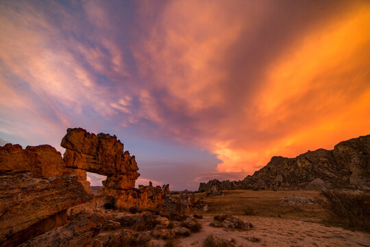 Amazing view of sunset sky over rock formations