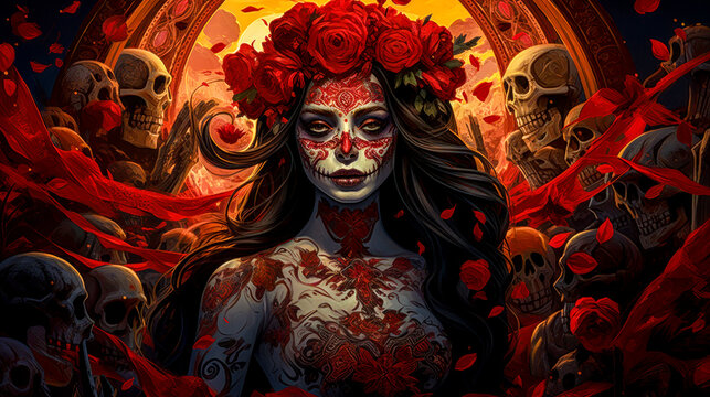 Female Portrait of Dia de los Muerte La Catrina Mexiko Digital Art Generative AI Wallpaper Background Cover Journal Illustration