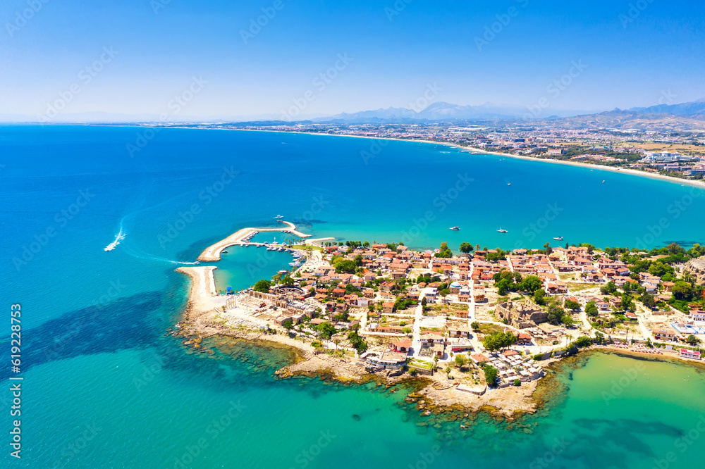 Wall mural aerial top drone view of ancient side town, antalya province in turkey - Wall murals