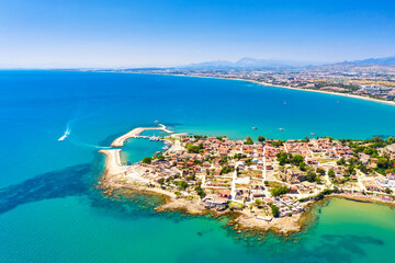 Obraz premium Aerial top drone view of ancient Side town, Antalya Province in Turkey