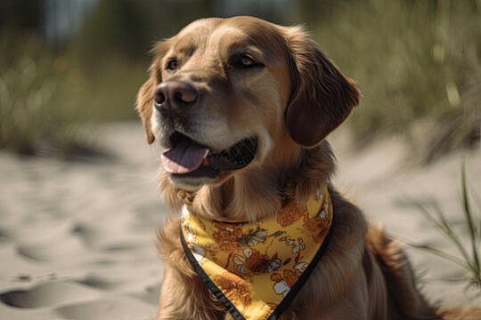 Generative AI image of adorable pet dog wearing collar around neck and with tongue out looking away while sitting on blurred sandy beach with green bushes in sunlight