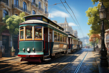 Plakat Timeless view of historic traditional Cable Cars in motion. Generative Ai.