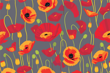A floral vector pattern with meadow flowers 
(yellow and red poppies)
and green buds
 on a gray background.