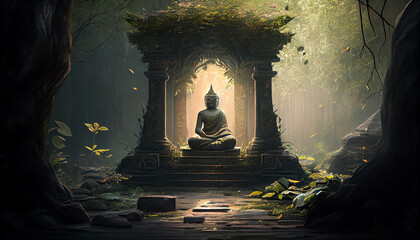 A serene and peaceful image of a Buddha statue in a cross-legged meditation pose, Created using AI