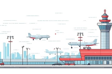 Illustration of an airport terminal with airplanes and control tower in the background - obrazy, fototapety, plakaty