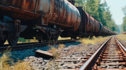 unclaimed rusty freight wagons derailed or on abandoned branches. wartime, crisis, misfortune, disaster. environment and insurance concept.Generative AI 