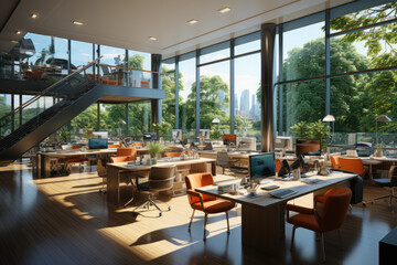 Fototapeta premium Interior view of a modern and spacious office building, evoking a sense of professionalism and productivity. Generative Ai.