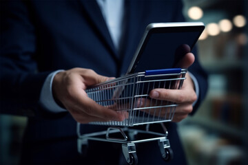 Businessman hands, cart icon on tablet, online shopping and e-commerce concept. Generative AI 
