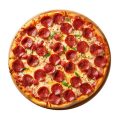 Top view of traditional pepperoni pizza over white transparent background