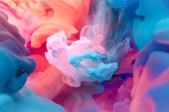 Generative AI illustration of mix of multicolor paints and drops dissolving in fluid while blending and creating abstract patterns and smoky clouds