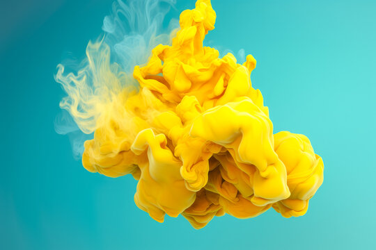 Generative AI illustration of yellow blended paint drops dissolving in fluid and creating abstract patterns against blue background