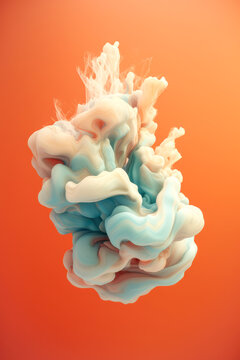 Generative AI illustration of mix of blue and white paint drops blending and dissolving in fluid with abstract smoke pattern against orange background