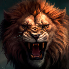 The head of an evil lion with an open mouth, roaring. Lion with huge fangs, close-up, portrait. Illustration