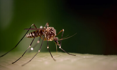 Fototapeta premium mosquito close-up on human skin at sunset. Generative AI