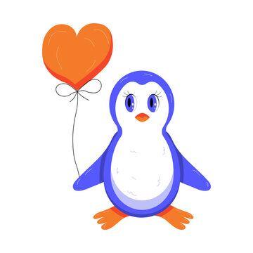 Cartoon penguin with a heart shaped balloon