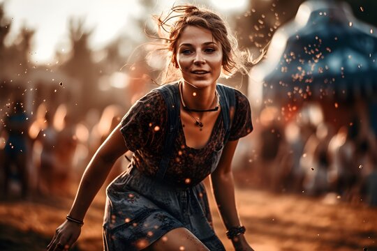 Hipster girls having fun at music festival outdoors. 
Created using generative AI tools