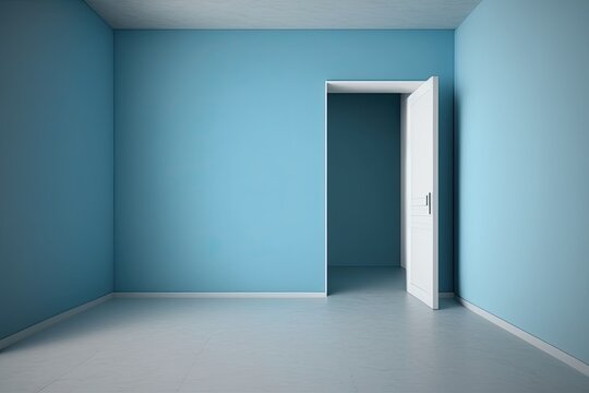 n empty room with a blue wall and an open door. Generative AI