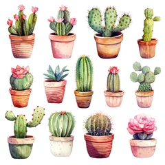 Zelfklevend Fotobehang Cactus in pot Vibrant Cacti and Succulents Set - Watercolor Painting on White Background