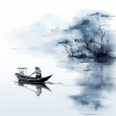 Serene Journey: Traditional Japanese Sumi-e Art Capturing Man's Solitude with Boat