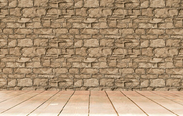Background of weathered pine wood planks and stone wall. background textures. 3d rendering