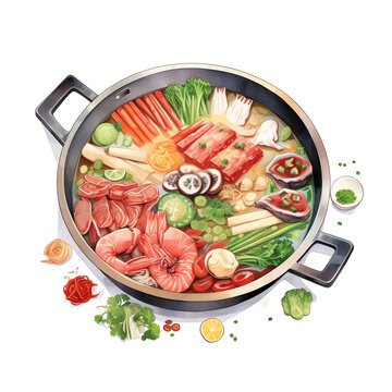 recommend clip art: Delicious Japanese Hotpot: A Colorful Watercolor Illustration of Traditional Cuisine on a White Background
