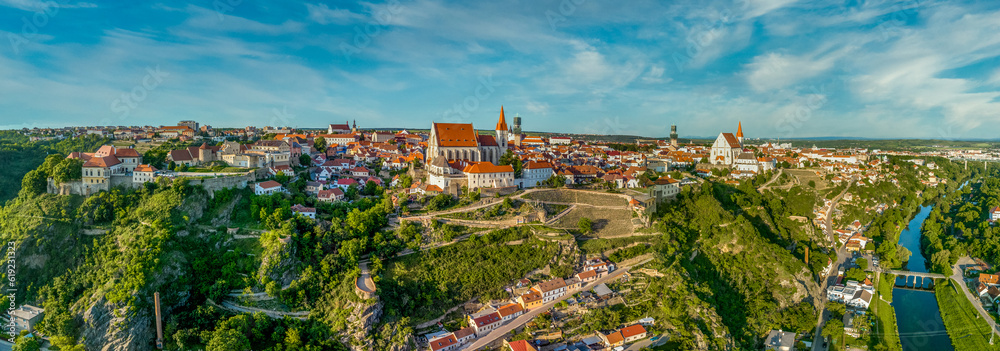 Wall mural aerial view of znojmo walled medieval town in the winemaking region, st nicolas church, rotunda, cas