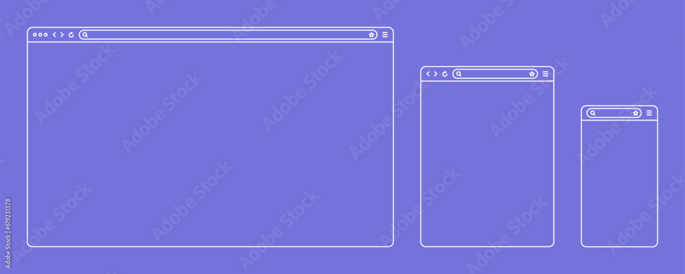 Fototapete Blank web browser, internet page window with toolbar and search field. Modern website in flat style, line art. Browser mockup for computer, tablet and smartphone. Vector illustration