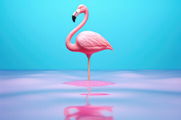 A pink stick ice cream is shown melting with a flamingo float on a pastel blue background. This creative concept represents minimalism and summer. Generative Ai, Ai.