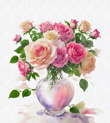 Bouquet of roses in vase. Painted bouquet of pink and yellow roses in glass clear vase, watercolor, canvas.
