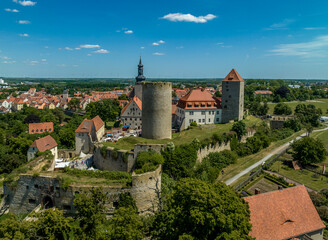 Aerial view of Querfurt castle with renaissance gun platform bastions, moat, circular and...
