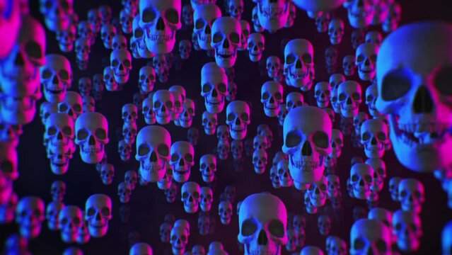 Disco skulls background with colorful laugh skulls fly through background, Also good background for scene and titles, logos