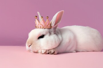 cute rabbit wearing a pink crown on a pink background. Generative AI