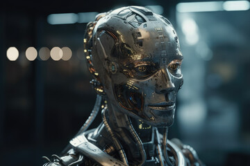 Fototapeta na wymiar A metallic humanoid robot's head showcasing modern innovation and futuristic technology. Generative AI, AI.