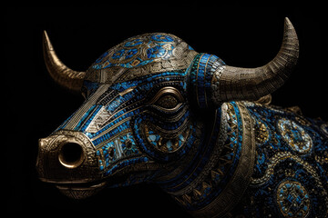 A magnificent figurine of a bull lavishly adorned with intricate decorations, representing strength, beauty, and cultural heritage. Generative Ai, Ai.