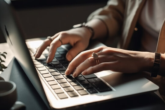 A view of a woman's hands typing on a laptop, symbolizing the concept of businesswomen. Generative Ai, Ai.