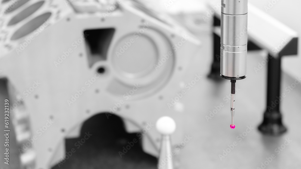 Poster Quality control on milling CNC machine, coordinate measuring machine, Quality control machine. cylinder block of diesel engine repair.