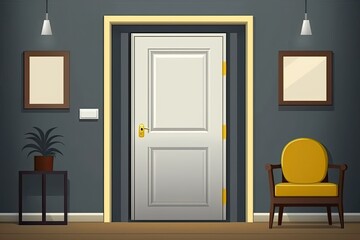 minimalist room with a yellow accent chair and a white door. Generative AI