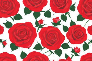 A vector seamless floral pattern with flowers (red rose)
and green leaves on a white background.