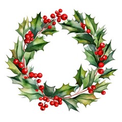 Watercolor Christmas Wreath Isolated. Illustration AI Generative.
