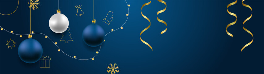 Merry Christmas and Happy New Year vector banner. Realistic rose gold and blue baubles, snowflakes hanging on dark blue background with realistic garland and confetti. Background gold Christmas icon - obrazy, fototapety, plakaty