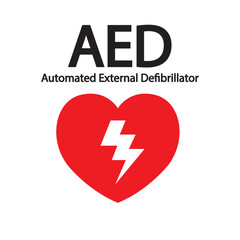 AED,automated external defibrillator / aed sign with heart and electricity symbol flat vector icon	
