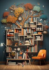 Wonderful virtual home library. Asymmetrical shelf with lots of books. Colorful books, vases, art objects, decorations. Alarm clocks, birds.  Lamp and  retro orange armchair for reading. Tree grows.