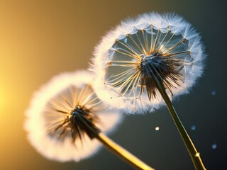 Dandelion seeds on a gold and blue background with Droplets of dew rain, created with generative ai, ki
