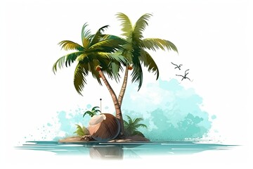 lone palm tree standing on a small tropical island in the middle of the ocean. Generative AI