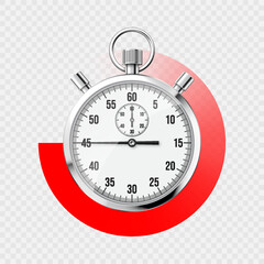 Realistic classic stopwatch. Shiny metal chronometer, time counter with dial. Red countdown timer showing minutes and seconds. Time measurement for sport, start and finish. Vector illustration