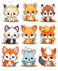 Obraz premium 9 cute cartoon characters fox vector illustratations