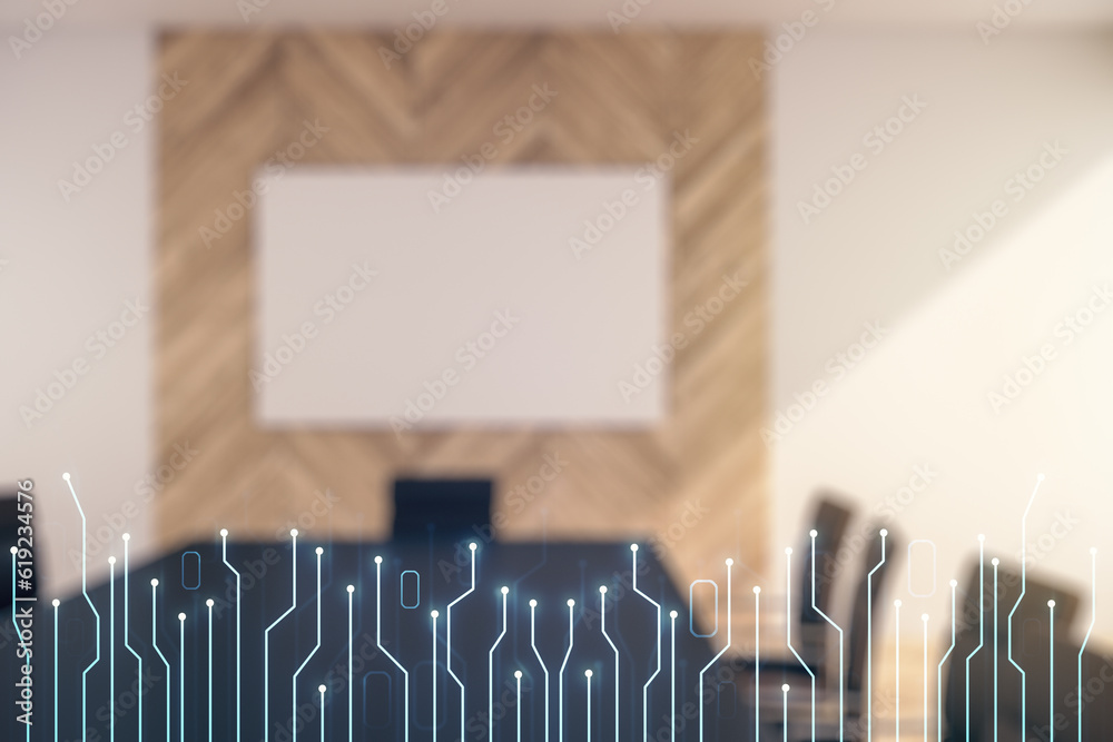 Aufkleber double exposure of abstract virtual circuit hologram on a modern meeting room background. research a