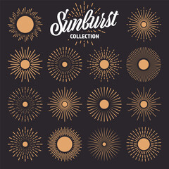 Vintage sunburst, sunset beams collection. Hand drawn bursting sun, light rays. Logotype or lettering design element in retro style. Vector illustration